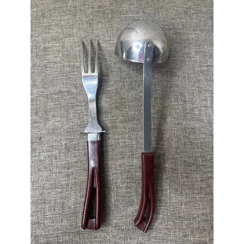Vinntage Stanhome Stainless Steel Serving Fork & Ladle With Brown Handles